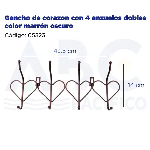 [05323] [05323] Gancho de corazon con 4 anzuelos dobles color marrón oscuro