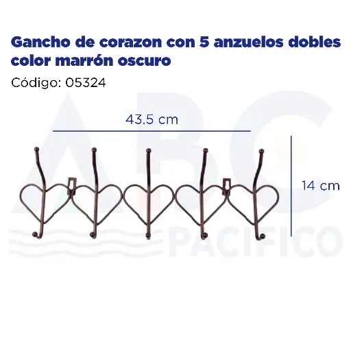 [05324] [05324] Gancho de corazon con 5 anzuelos dobles color marrón oscuro