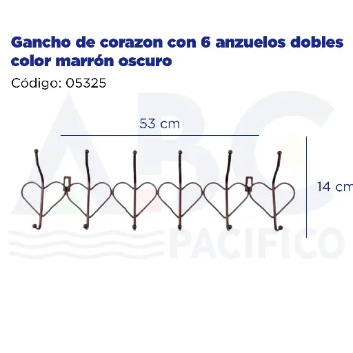 [05325] [05325] Gancho de corazon con 6 anzuelos dobles color marrón oscuro