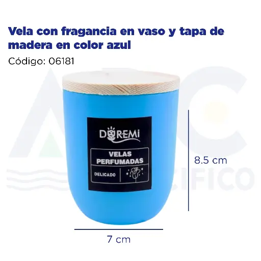 [06181] [06181] Vela con fragancia en vaso y tapa de madera en color azul