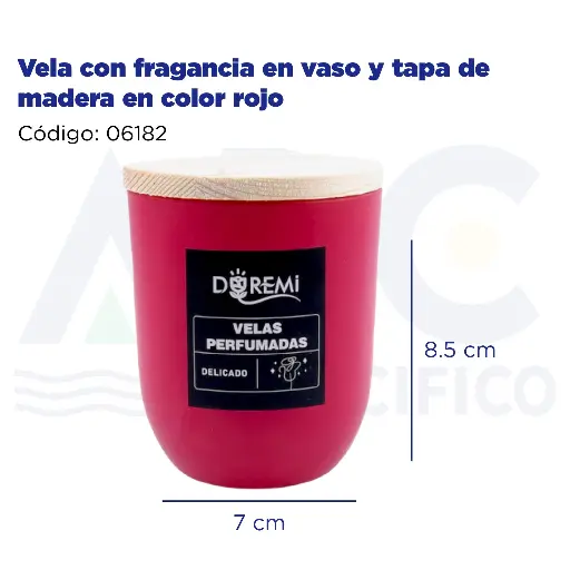 [06182] [06182] Vela con fragancia en vaso y tapa de madera en color rojo
