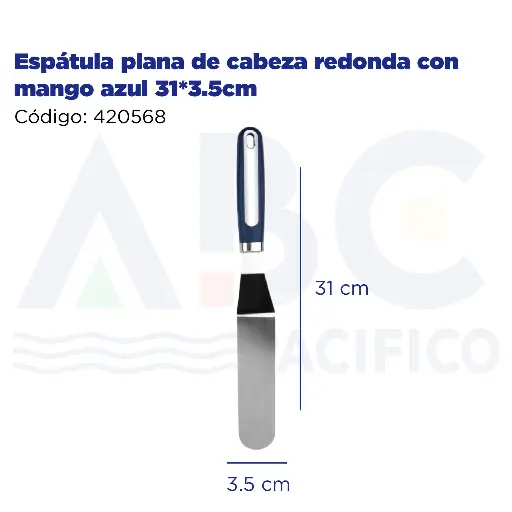 [420568] Espátula plana  de cabeza redonda con mango azul 31*3.5cm