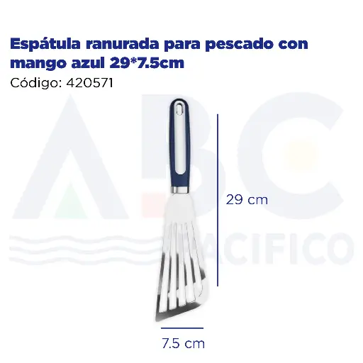 [420571] Espátula ranurada para pescado con mango azul 29*7.5cm