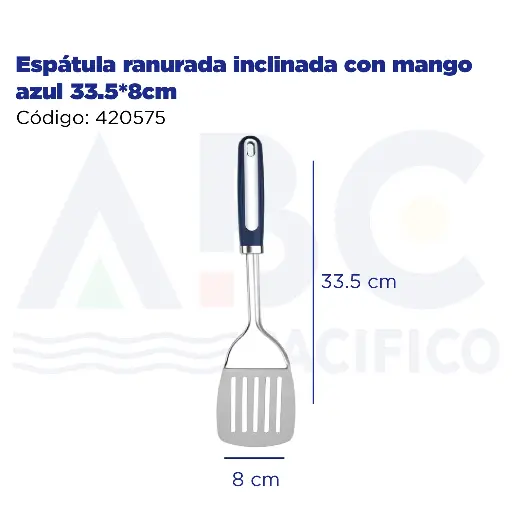 [420575] Espátula ranurada inclinada con mango azul 33.5*8cm