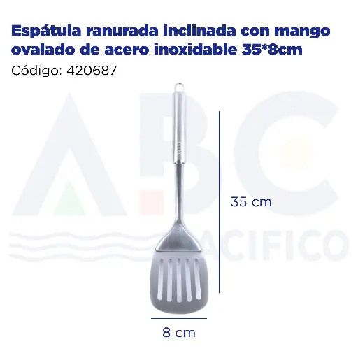 [420687] Espátula ranurada inclinada con mango ovalado de acero inoxidable 35*8cm