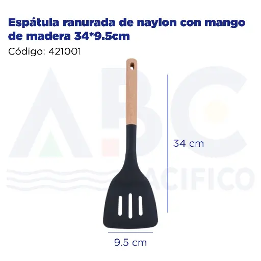 [421001] Espátula ranurada de naylon con mango de madera 34*9.5cm