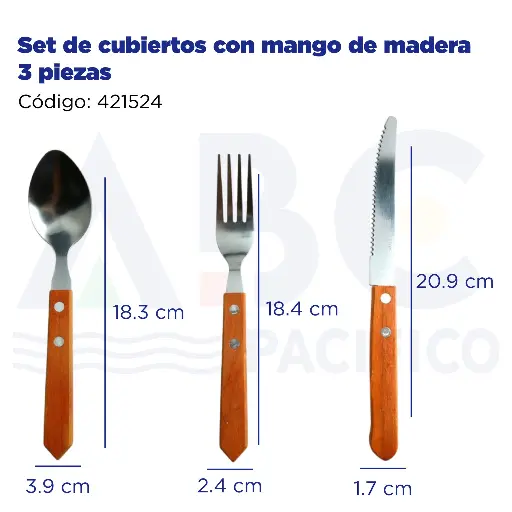 [421524] Set de cubiertos con mango de madera 3 piezas