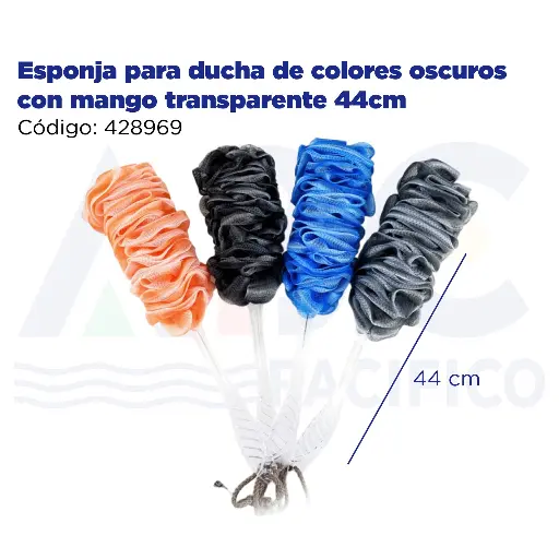 [428969] Esponja para ducha de colores oscuros con mango transparente 44cm
