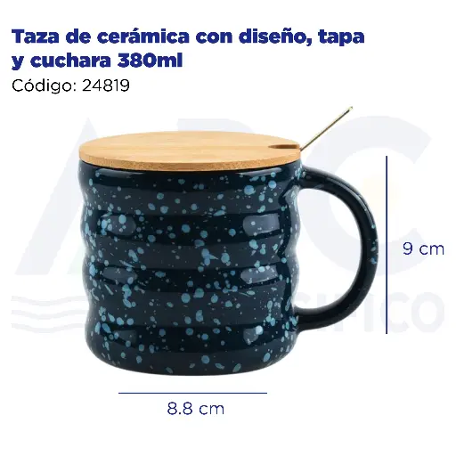 [24819] Taza de cerámica con diseño, tapa y cuchara 380ml
