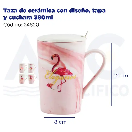 [24820] Taza de cerámica con diseño, tapa y cuchara 380ml