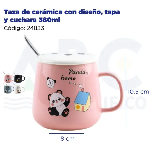 [24833] Taza de cerámica con diseño, tapa y cuchara  380ml