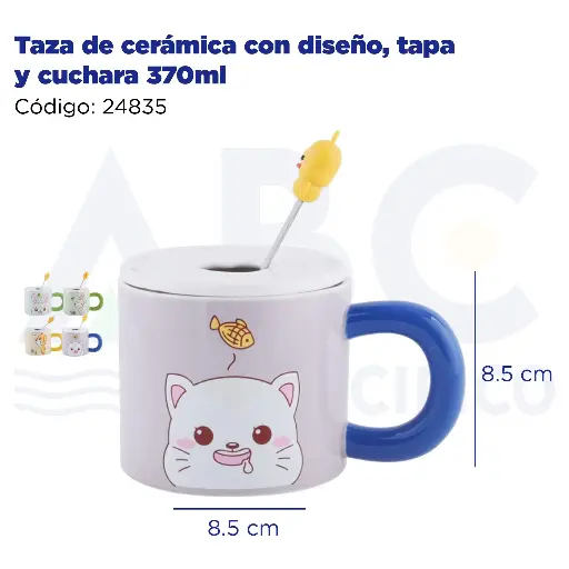 [24835] Taza de cerámica con diseño, tapa y cuchara  370ml