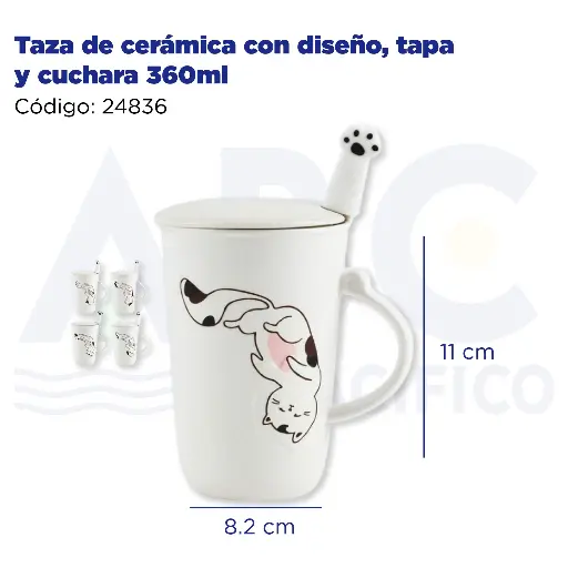 [24836] Taza de cerámica con diseño, tapa y cuchara  360ml