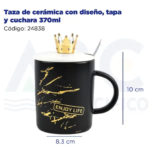 [24838] Taza de cerámica con diseño, tapa y cuchara  370ml