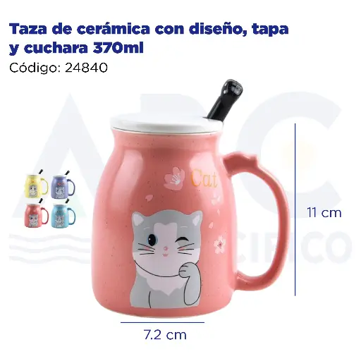 [24840] Taza de cerámica con diseño, tapa y cuchara  370ml