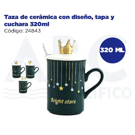 [24843] Taza de cerámica con diseño, tapa y cuchara  320ml
