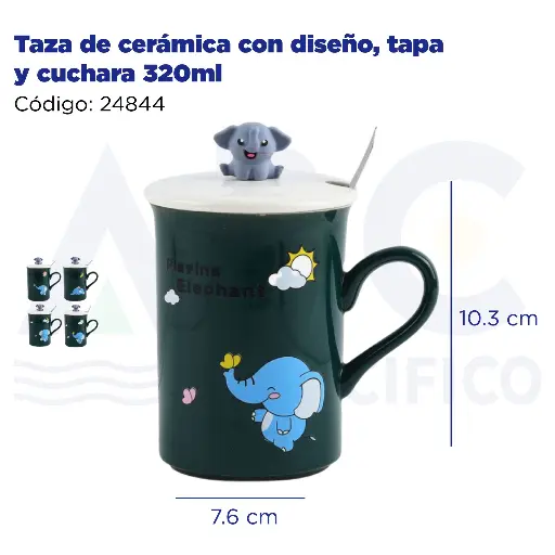 [24844] Taza de cerámica con diseño, tapa y cuchara  320ml