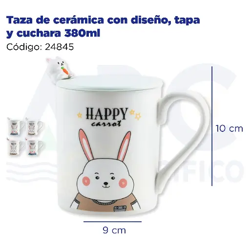[24845] Taza de cerámica con diseño, tapa y cuchara  380ml