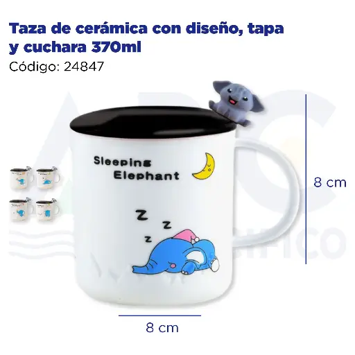 [24847] Taza de cerámica con diseño, tapa y cuchara  370ml