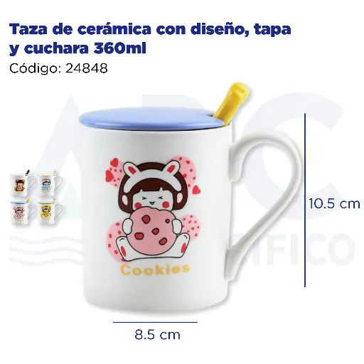 [24848] Taza de cerámica con diseño, tapa y cuchara  360ml
