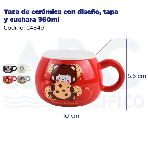 [24849] Taza de cerámica con diseño, tapa y cuchara  360ml