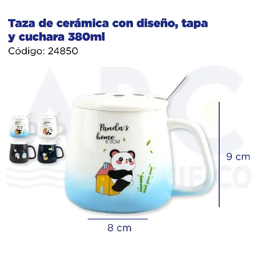 [24850] Taza de cerámica con diseño, tapa y cuchara  380ml