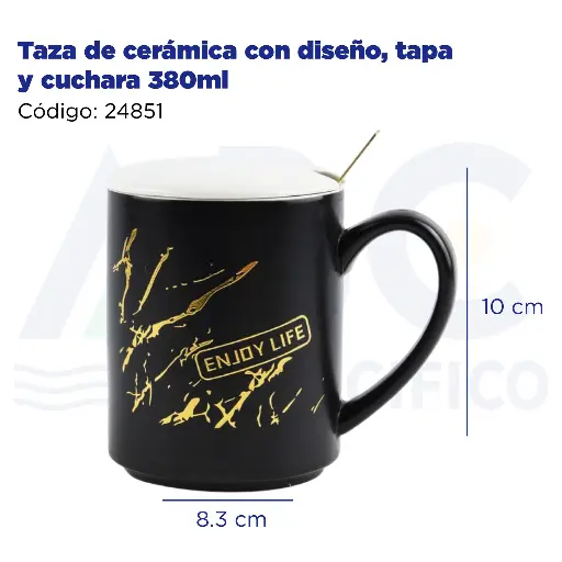 [24851] Taza de cerámica con diseño, tapa y cuchara  380ml