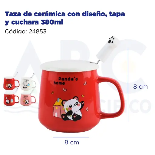 [24853] Taza de cerámica con diseño, tapa y cuchara  380ml