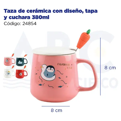 [24854] Taza de cerámica con diseño, tapa y cuchara  380ml
