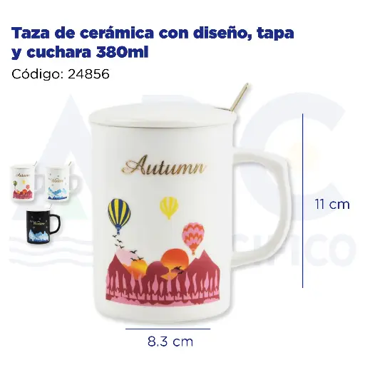 [24856] Taza de cerámica con diseño, tapa y cuchara  380ml