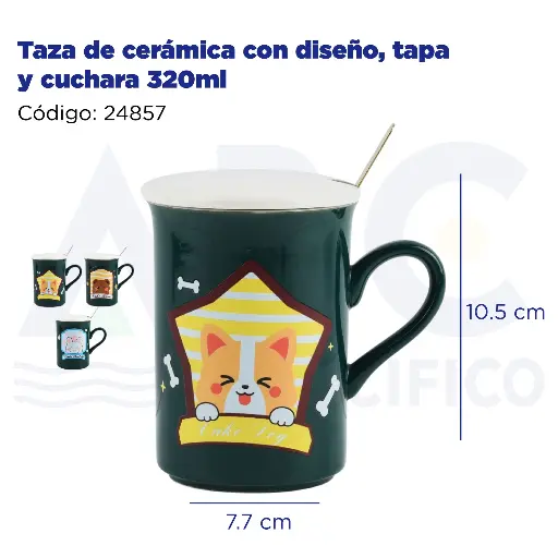 [24857] Taza de cerámica con diseño, tapa y cuchara  320ml