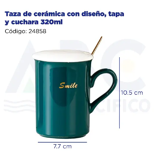[24858] Taza de cerámica con diseño, tapa y cuchara  320ml
