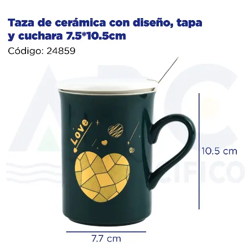 [24859] Taza de cerámica con diseño, tapa y cuchara 7.5*10.5cm 