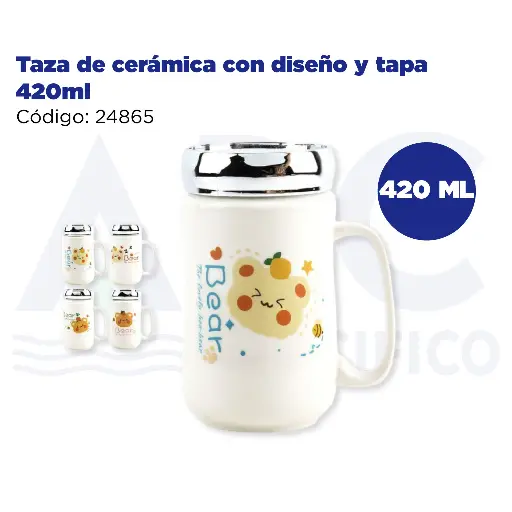 [24865] Taza de cerámica con diseño y tapa 420ml