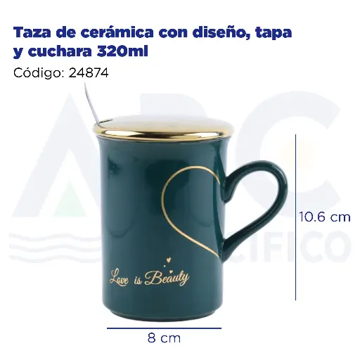 [24874] Taza de cerámica con diseño, tapa y cuchara  320ml