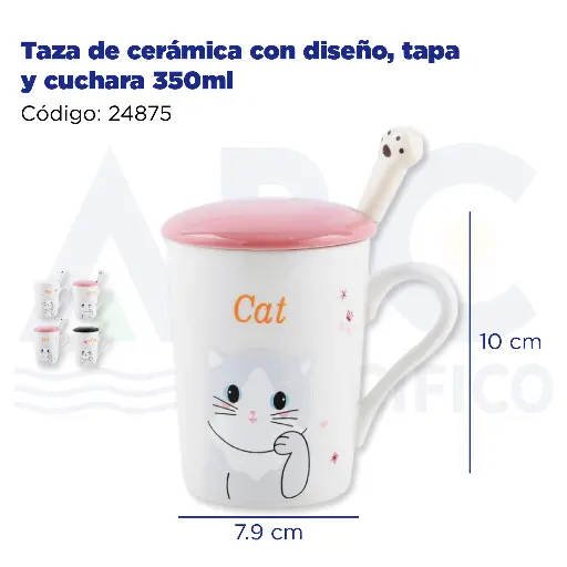 [24875] Taza de cerámica con diseño, tapa y cuchara  350ml