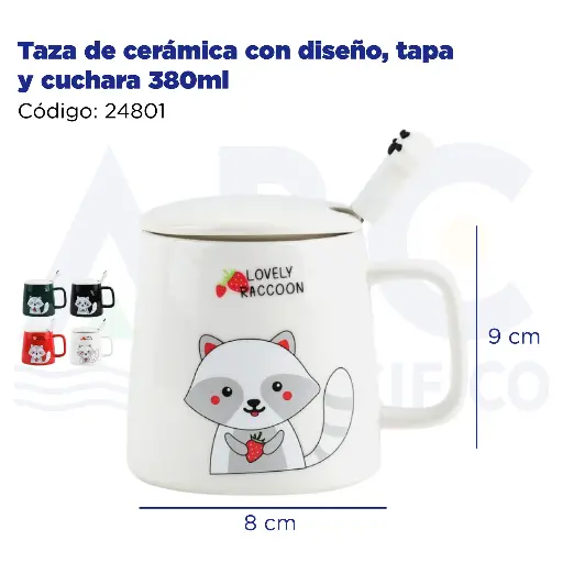 [24801] Taza de cerámica con diseño, tapa y cuchara 380ml