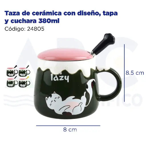 [24805] Taza de cerámica con diseño, tapa y cuchara 380ml