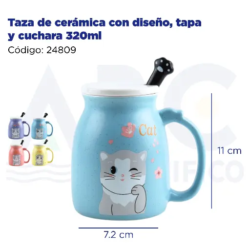 [24809] Taza de cerámica con diseño, tapa y cuchara 320ml
