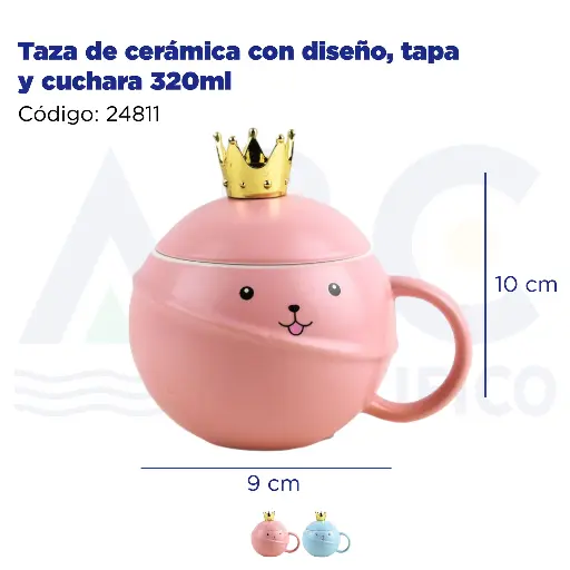 [24811] Taza de cerámica con diseño, tapa y cuchara 320ml