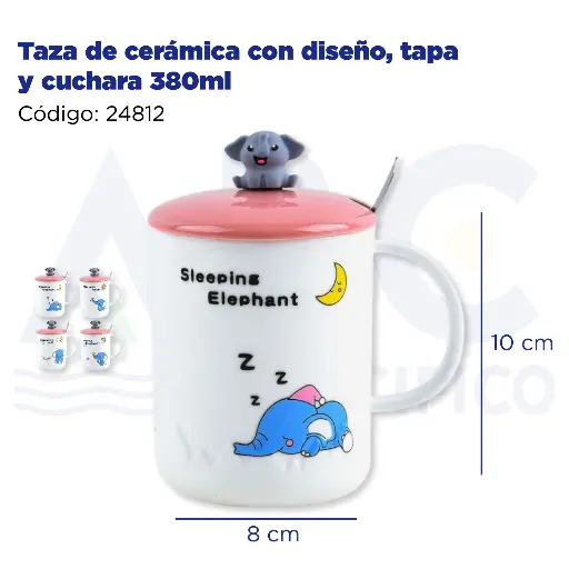 [24812] Taza de cerámica con diseño, tapa y cuchara 380ml