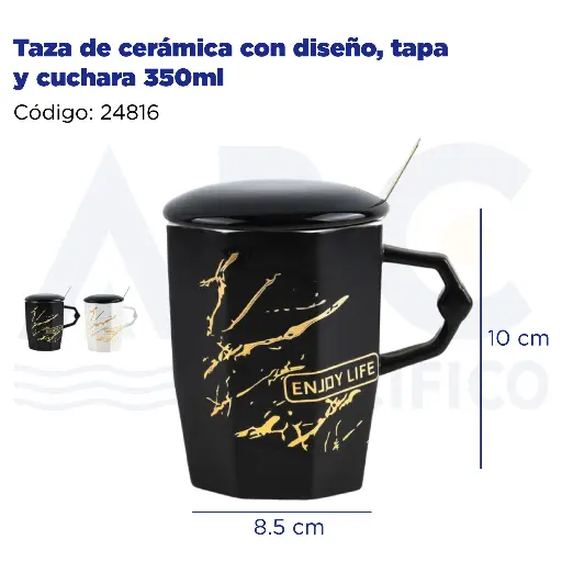 [24816] Taza de cerámica con diseño, tapa y cuchara 350ml