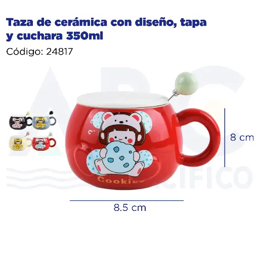 [24817] Taza de cerámica con diseño, tapa y cuchara 350ml