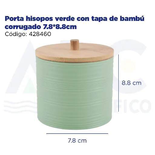 [428460] Porta hisopos verde con tapa de bambú corrugado 7.8*8.8cm