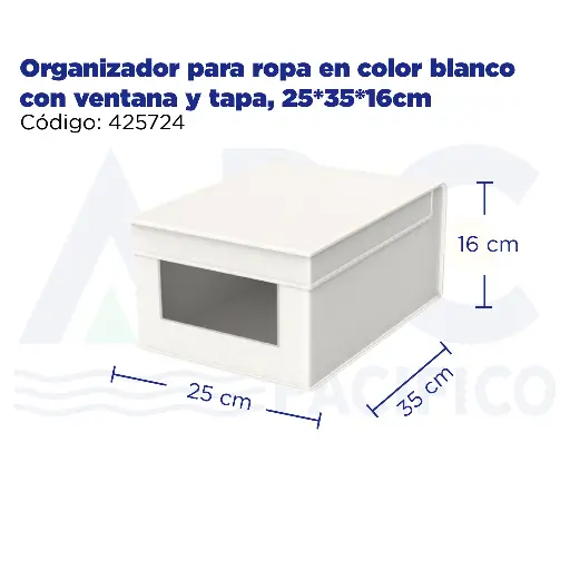 [425724] Organizador para ropa en color blanco con ventana y tapa, 25*35*16cm