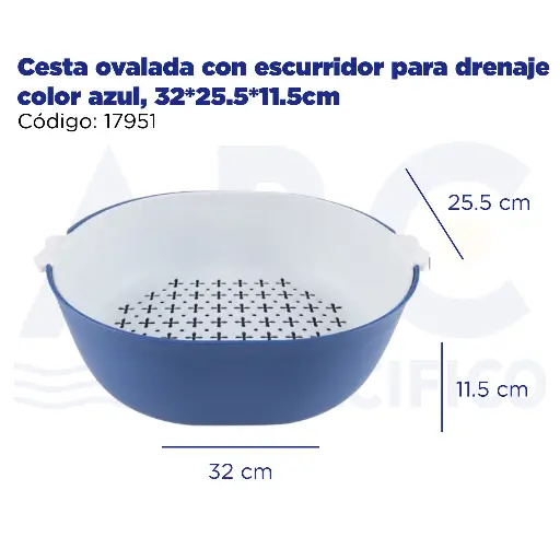 [17951] Cesta ovalada con escurridor para drenaje color azul,   32*25.5*11.5cm