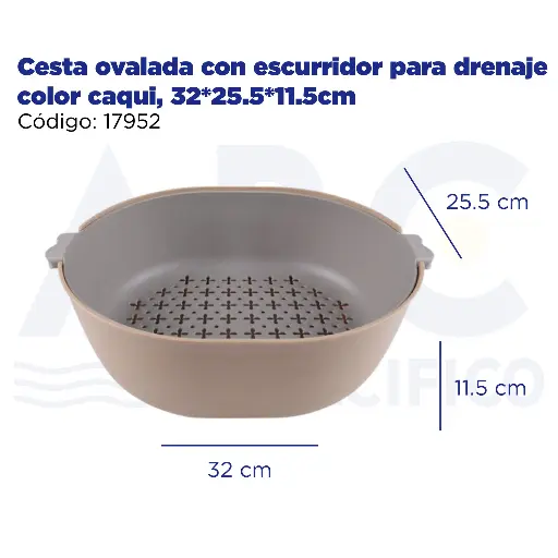 [17952] Cesta ovalada con escurridor para drenaje color caqui,   32*25.5*11.5cm