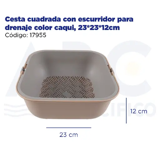 [17955] Cesta cuadrada con escurridor para drenaje color caqui, 23*23*12cm