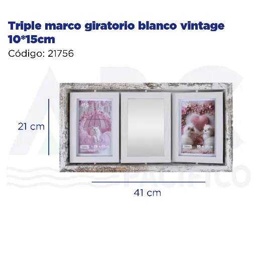 [21756] Triple marco giratorio blanco vintage 10*15cm