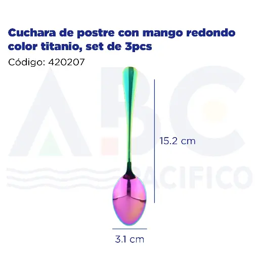 [420207] Cuchara de postre con mango redondo color titanio, set de 3pcs